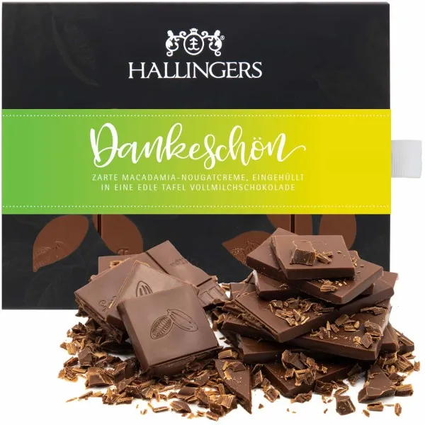 Vollmilch-Tafel Dankeschön (Macadamia-Nougat) - Schokolade, handmade ohne Alkohol