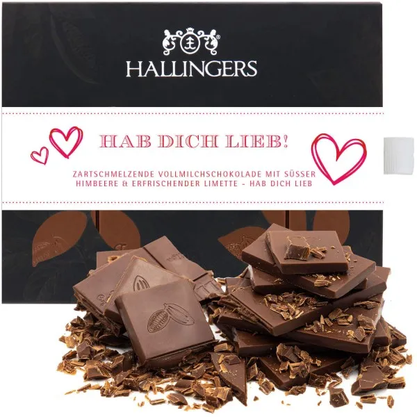 Vollmilch-Tafel Hab Dich lieb (Himbeer-Limette) - Schokolade, handmade ohne Alkohol