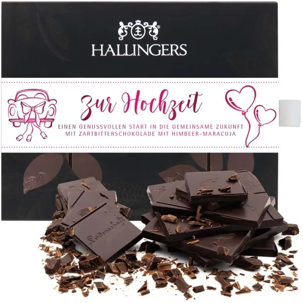 Zartbitter-Tafel Zur Hochzeit (Himbeer-Maracuja) - Vegane Schokolade, handmade ohne Alkohol