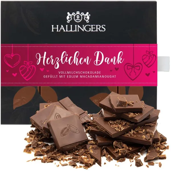 Vollmilch-Tafel Herzlichen Dank (Macadamia-Nougat) - Schokolade, handmade ohne Alkohol