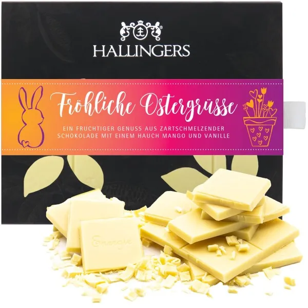 Weiße Tafel Fröhliche Ostergrüße (Mango-Vanille) - Weiße Schokolade, handmade ohne Alkohol