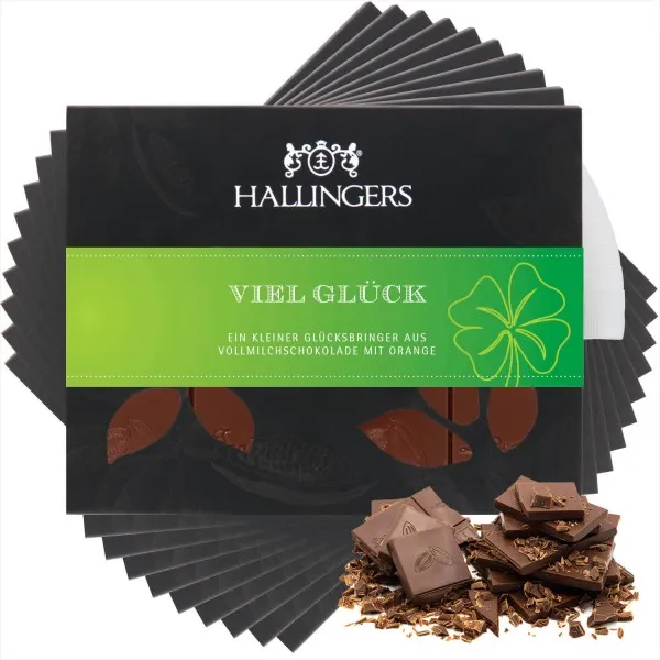 10x Vollmilch-Tafel Viel Glück (Orange) - Schokolade, handmade ohne Alkohol