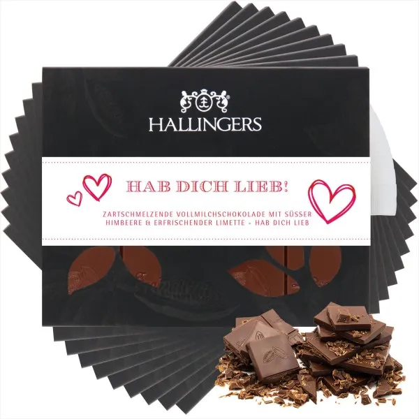 10x Vollmilch-Tafel Hab Dich lieb (Himbeer-Limette) - Schokolade, handmade ohne Alkohol