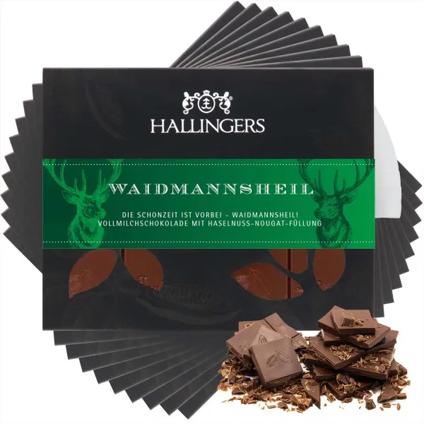 10x Vollmilch-Tafel Waidmannsheil (Haselnuss) - Schokolade, handmade ohne Alkohol