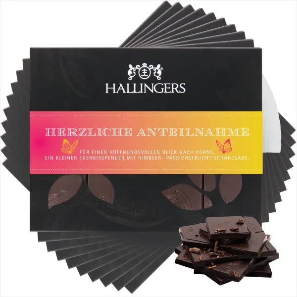 10x Zartbitter-Tafel Herzliche Anteilnahme (Himbeer-Maracuja) - Vegane Schokolade, handmade ohne Alkohol