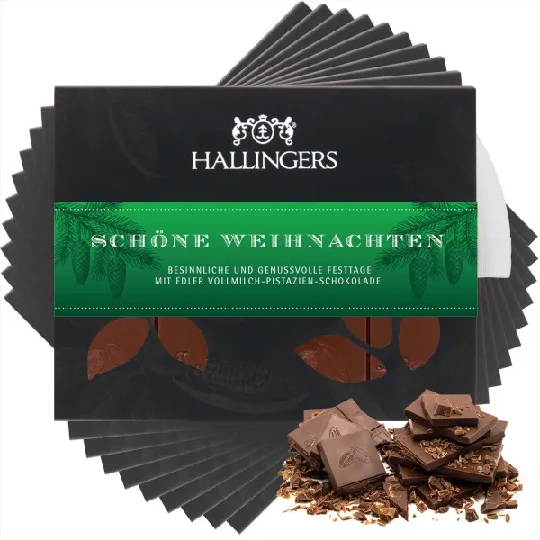 10x Vollmilch-Tafel Schöne Weihnachten (Pistazie-Amaretto) - Schokolade, handmade ohne Alkohol