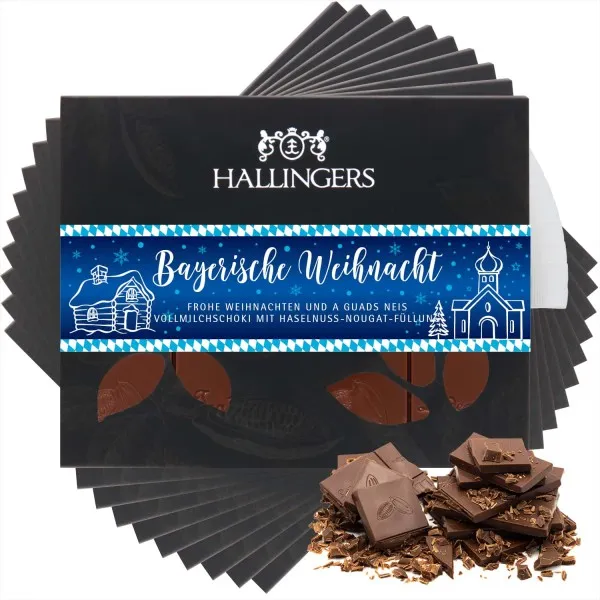 10x Vollmilch-Tafel Bayerische Weihnacht (Haselnuss) - Schokolade, handmade ohne Alkohol