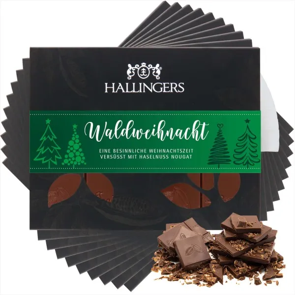 10x Vollmilch-Tafel Waldweihnacht (Haselnuss) - Schokolade, handmade ohne Alkohol