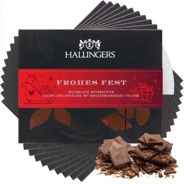 10x Vollmilch-Tafel Frohes Fest (Macadamia-Nougat) - Schokolade, handmade ohne Alkohol