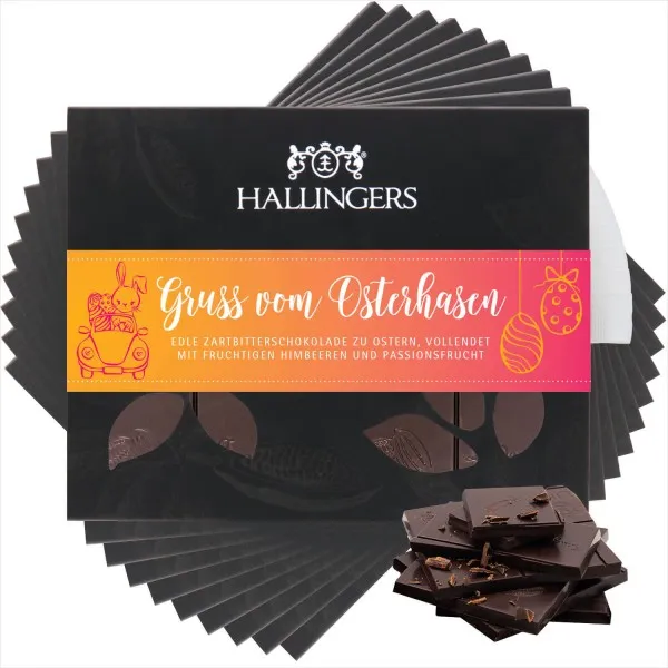 10x Zartbitter-Tafel Gruß vom Osterhasen (Himbeer-Maracuja) - Vegane Schokolade, handmade ohne Alkohol