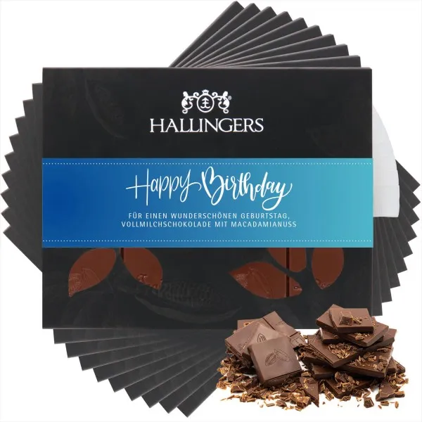 10x Vollmilch-Tafel Happy Birthday Blue (Macadamia-Nougat) - Schokolade, handmade ohne Alkohol