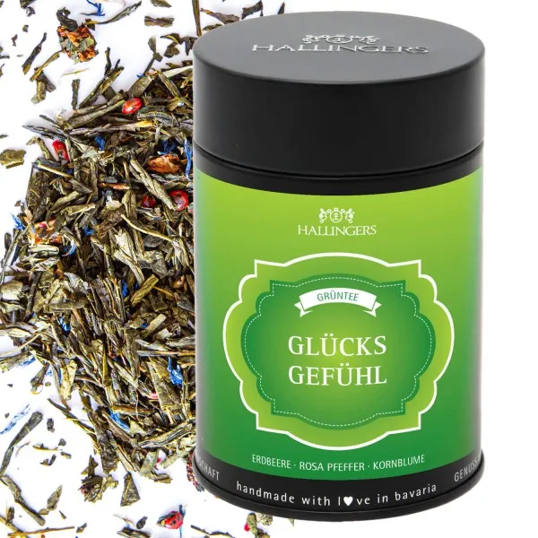 Glücksgefühl (mit Erdbeer, Kornblume & Grüntee) - Grüner Tee, loser Tee Geschenkdose