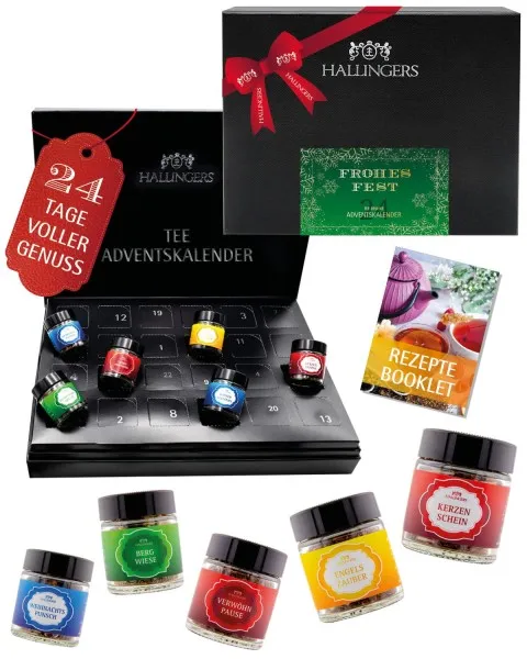 Adventskalender Frohes Fest - Green / Golden Stars - Tee-Set, 24x loser Tee Geschenkbox