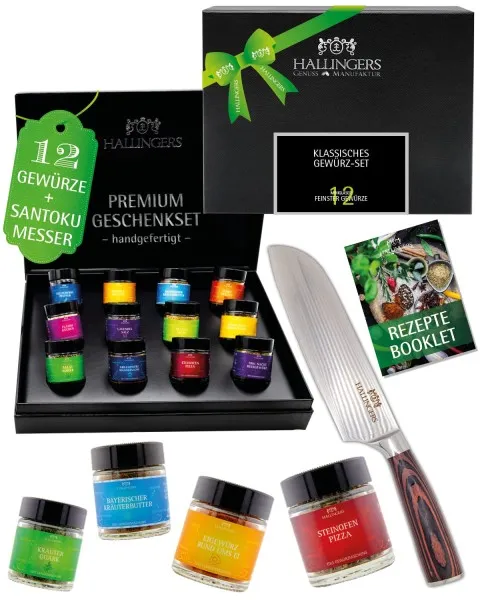 Klassisches Gewürz-Set & Premium Santoku 7 Zoll - Gewürz-Set, 12er Geschenkbox & Booklet