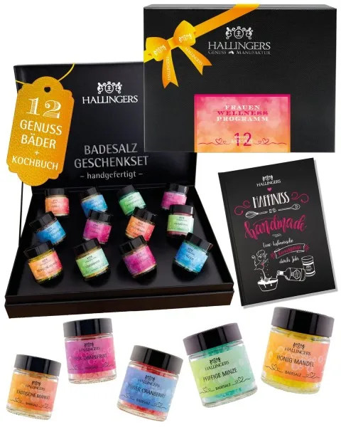 Frauen-Wellness-Programm & Happiness is handgemacht - Badesalze-Set, 12x Badezusatz Totes Meer