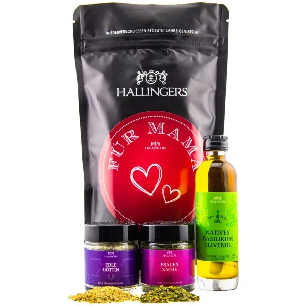 Für Mama (kleines Mitbringsel Nougat-Busserl, Basilikum-Olivenöl & Gewürz) - Feinkost-Set, Gourmet-Auswahl Wundertüte