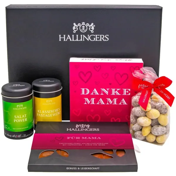 Muttertag Box pink (großes Mitbringsel Schokolade, Pralinen, Gewürze & Nougatmandeln) - Feinkost-Set, XXL-Geschenkkorb Gourmet