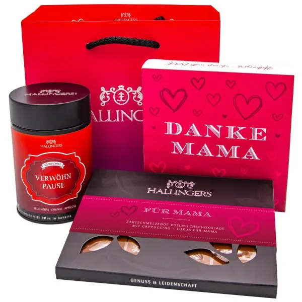 Muttertag Bag pink (großes Mitbringsel Schokoladen-Tafel, 9er-Pralinen & Verwöhnpause-Tee) - Feinkost-Set, Gourmet-Auswahl XL