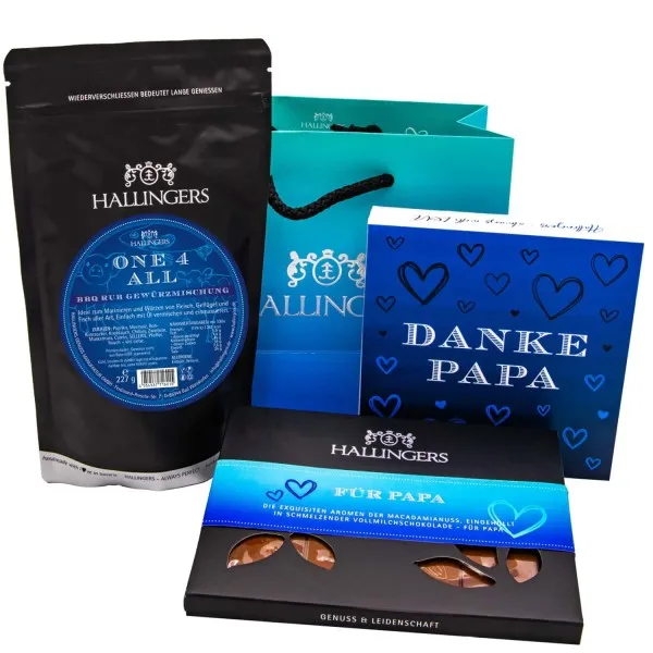 Vatertag Bag blue (großes Mitbringsel Schokoladen-Tafel, 9er-Pralinen & Gewürze-Rub) - Feinkost-Set, Gourmet-Auswahl XL