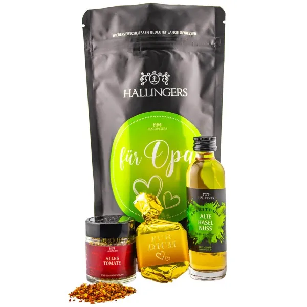 Für Opa (kleines Mitbringsel Nougat-Busserl, Haselnuss-Likör & Gewürz) - Feinkost-Set, Gourmet-Auswahl Wundertüte