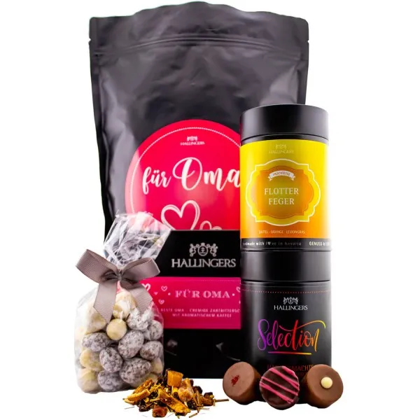 Für Oma XXL (großes Mitbringsel Pralinen, Tafel Schokolade, Nougatmandeln & Früchte-Tee) - Feinkost-Set, XXL-Wundertüte Gourmet