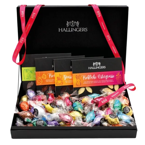 Easter Box pink (großes Osternest 4 Schokoladen-Tafeln & 40 Pralinen-Ostereier) - Feinkost-Set, Gourmet-Auswahl XXL