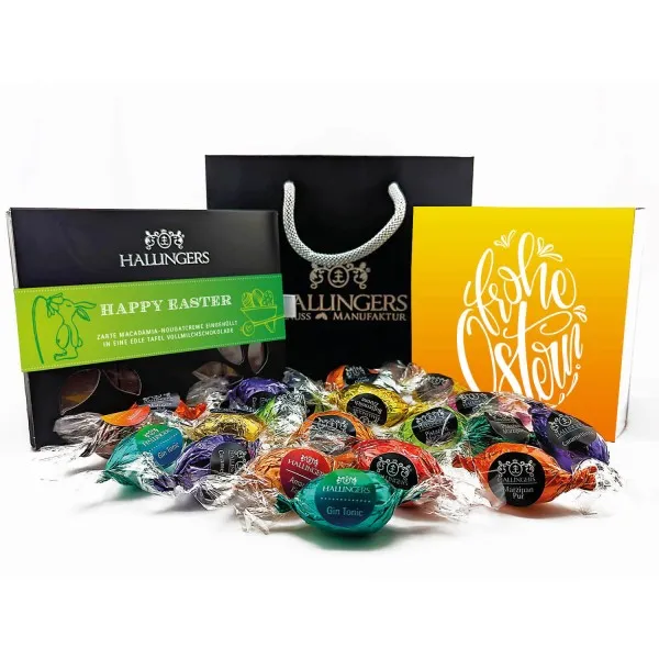 Easter Bag green yellow (großes Osternest 1 Schokoladen-Tafel, 9 Trüffel & 20 Pralinen-Ostereier) - Feinkost-Set, Gourmet-Auswahl XL