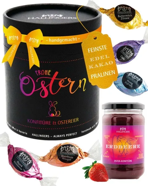 Frohe Ostern black XXL (großes Osternest mit 17 Pralinen-Ostereiern & Erdbeer-Konfitüre) - Feinkost-Set, Gourmet-Auswahl XXL