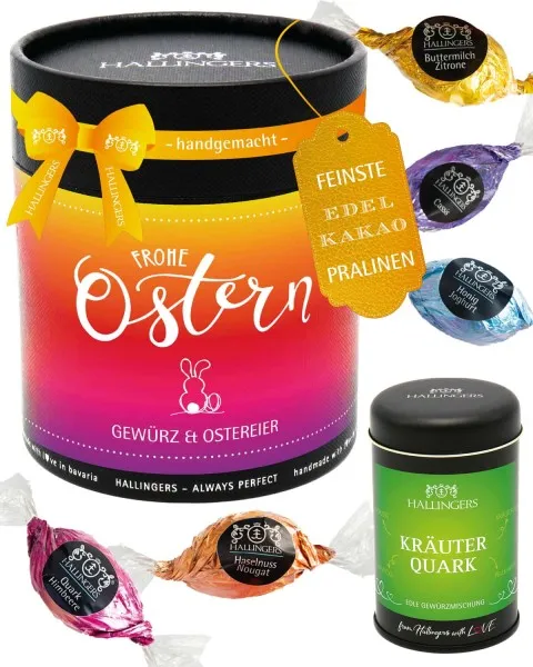 Frohe Ostern colorful XXL (großes Osternest mit 17 Pralinen-Ostereiern & Gewürz-Kräuterquark) - Feinkost-Set, Gourmet-Auswahl XXL