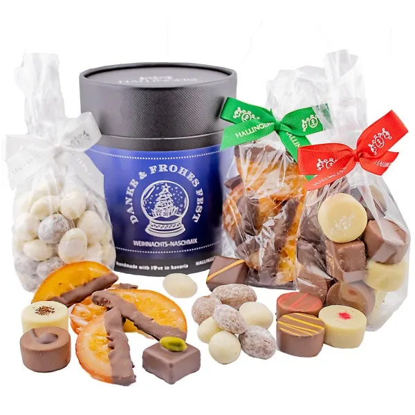 Danke & Frohes Fest XXL (großes Mitbringsel Pralinen, Nougat-Mandeln & dragierte Orangenscheiben) - Feinkost-Set, Gourmet-Auswahl XXL