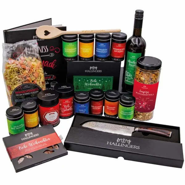 Weihnachts-Genussreise (Selektion Wein, Müsli, Gewürze, Kochbuch, Santuko-Messer & viel mehr) - Feinkost-Set, XXL-Geschenkkorb Gourmet