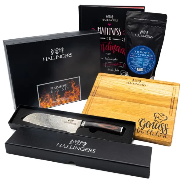 Grill & Chill (Selektion Santoku-Messer, Schneidebrett, Kochbuch, Pfeffermix & Gewürze) - Feinkost-Set, XXL-Geschenkkorb Gourmet