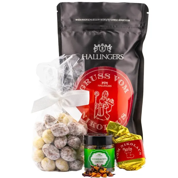 Gruß vom Nikolaus (kleines Mitbringsel NougatBusserl Nougatmandeln & Xmas-Tee) - Feinkost-Set, Gourmet-Auswahl Wundertüte