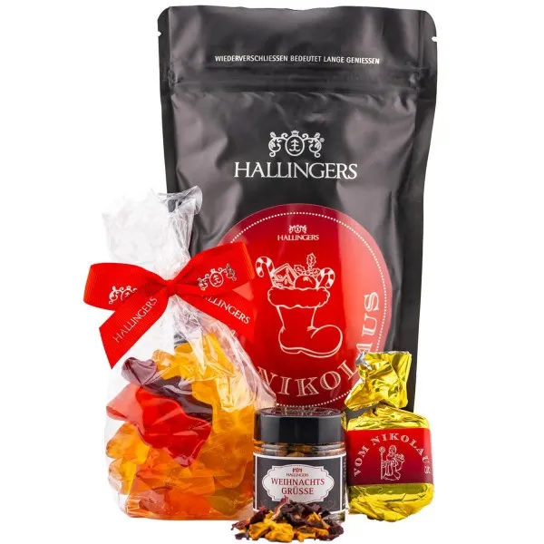 Vom Nikolaus (kleines Mitbringsel Nougat-Busserl Fruchtsaftbärchen & Xmas-Tee) - Feinkost-Set, Gourmet-Auswahl Wundertüte