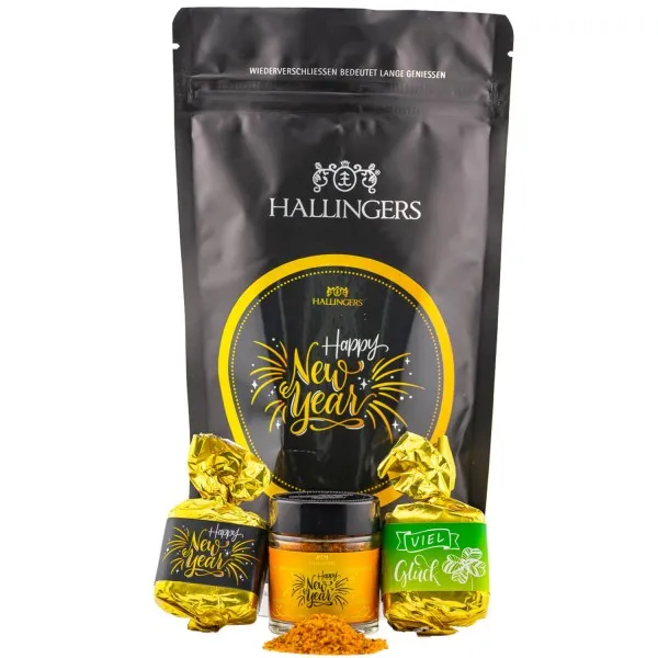 Happy New Year (kleines Mitbringsel 2 Nougat-Busserl & 1 Neujahrs-Gewürz) - Feinkost-Set, Gourmet-Auswahl Wundertüte
