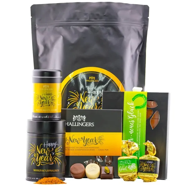 Happy New Year XXL (großes Mitbringsel Schokoko-Tafeln Nougat-Busserl Pralinen & Gewürz) - Feinkost-Set, XXL-Wundertüte Gourmet