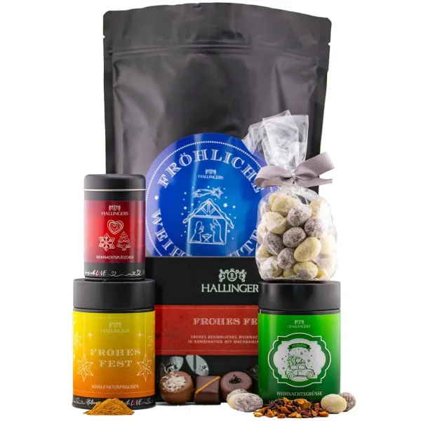 Fröhliche Weihnachten XXL (großes Mitbringsel Schokolade Tee Pralinen Nougat-Mandeln & Gewürz) - Feinkost-Set, XXL-Wundertüte Gourmet