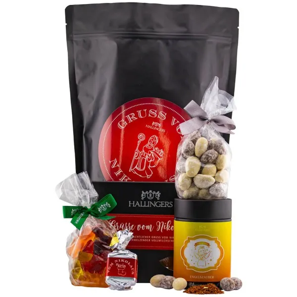 Gruß vom Nikolaus XXL (großes Mitbringsel Schokolade, Nougat, Fruchtsaftbärchen, Mandeln & Tee) - Feinkost-Set, XXL-Wundertüte Gourmet