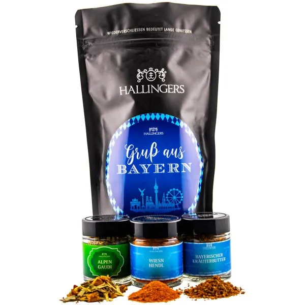 Gruß aus Bayern (kleines Mitbringsel zünftig Kräutertee, Hendl- & Kräuterbuttergewürz) - Feinkost-Set, Gourmet-Auswahl Wundertüte