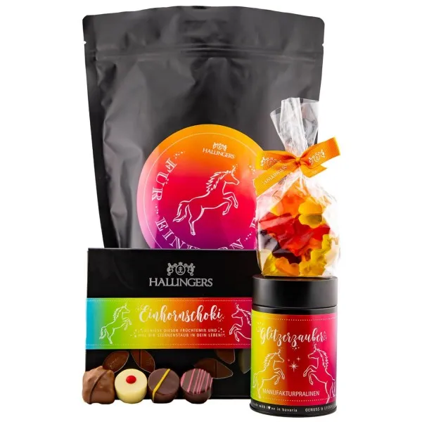 Für Einhorn Fans XXL (großes Mitbringsel Tafel Schokolade, Pralinen & große Fruchtsaftbärchen) - Feinkost-Set, XXL-Wundertüte Gourmet