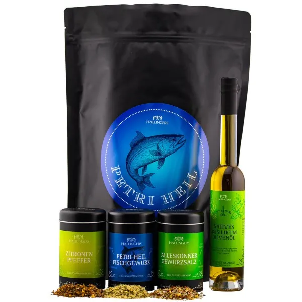 Petri Heil XXL (großes Mitbringsel Zitronen-Pfeffer, Fischgeürz, Salz & Basilikum-Olivenöl) - Feinkost-Set, XXL-Wundertüte Gourmet