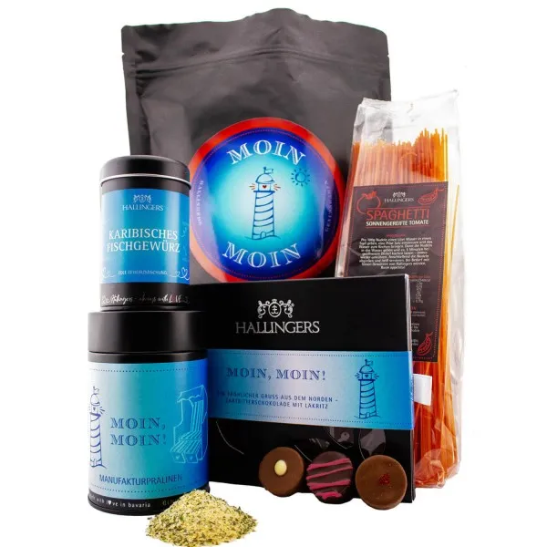 Moin, Moin XXL (großes Mitbringsel Schokolade, Tomate-Spaghetti, Fischgewürz & Pralinen) - Feinkost-Set, XXL-Wundertüte Gourmet