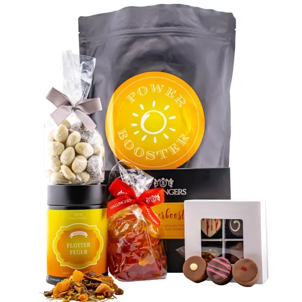 Power Booster XXL (großes Mitbringsel Schokolade, Mandeln, Fruchtsaftbärchen, Pralinen & Tee) - Feinkost-Set, XXL-Wundertüte Gourmet