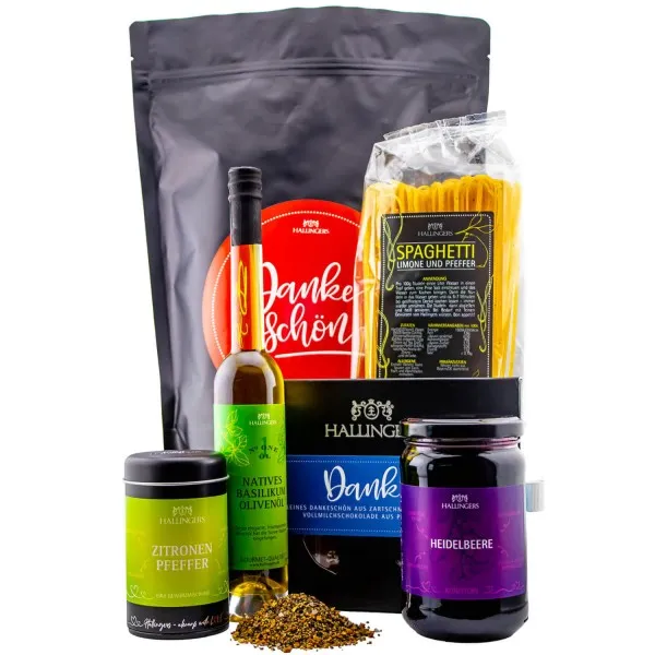 Dankeschön XXL (großes Mitbringsel Schokolade, Spaghetti, Pfeffer, Olivenöl & Konfitüre) - Feinkost-Set, XXL-Wundertüte Gourmet