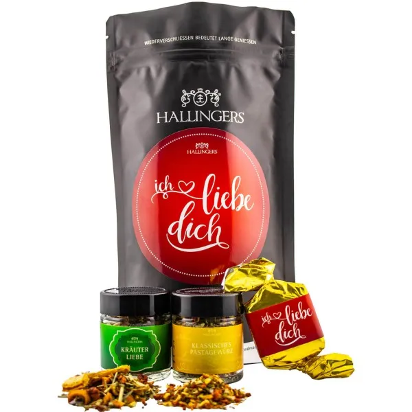 Ich liebe Dich (kleiner Liebesgruß mit Nougat-Busserl, Kräutertee & Pastagewürz) - Feinkost-Set, Gourmet-Auswahl Wundertüte
