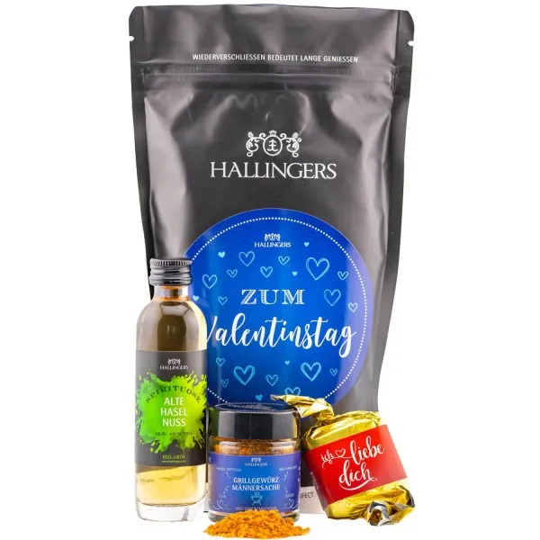 Zum Valentinstag blue (kleiner Liebesgruß Nougat-Busserl, Nuss-Likör & Grill-Gewürz) - Feinkost-Set, Gourmet-Auswahl Wundertüte