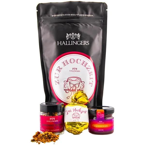 Zur Hochzeit (kleiner Hochzeitsgruß Nougat-Busserl, Eistee & Erdbeer-Konfitüre) - Feinkost-Set, Gourmet-Auswahl Wundertüte