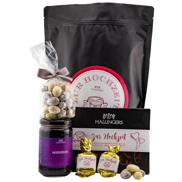 Zur Hochzeit XXL (großer Liebesgruß Konfitüre, Nougat-Busserl, Mandeln & Tafel Schokolade) - Feinkost-Set, XXL-Wundertüte Gourmet