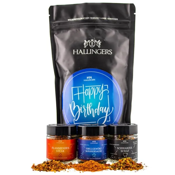 Happy Birthday blue (kleiner Geburtstagsgruß Steak-, Grill-Gewürz & Schwarzes Schaf) - Feinkost-Set, Gourmet-Auswahl Wundertüte