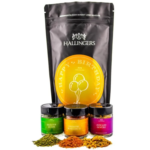 Happy Birthday yellow (kleiner Geburtstagsgruß mit 3 Gewürzen Kräuter Ei & Avocado) - Feinkost-Set, Gourmet-Auswahl Wundertüte